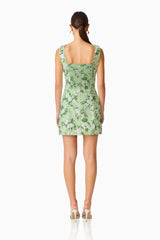 Christina Jacquard Mini Dress In Green Floral with square neckline and jacquard fabrication back shot