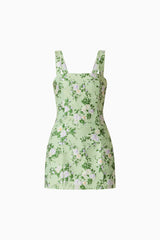 Christina Jacquard Mini Dress In Green Floral with square neckline and jacquard fabrication ghost shot