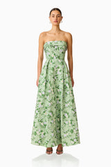Christina Jacquard Gown in Green Floral with strapless neckline and A-Line front shot