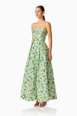 Christina Jacquard Gown in Green Floral with strapless neckline and A-Line side shot