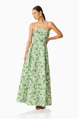 Christina Jacquard Gown in Green Floral with strapless neckline and A-Line posed shot