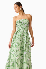 Christina Jacquard Gown in Green Floral with strapless neckline and A-Line close up shot
