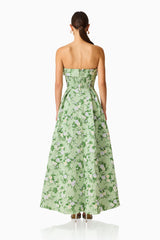 Christina Jacquard Gown in Green Floral with strapless neckline and A-Line back shot
