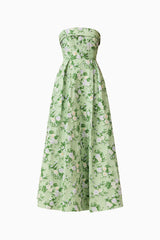 Christina Jacquard Gown in Green Floral with strapless neckline and A-Line ghost shot