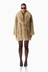 Brenna Faux Fur Coat in Beige with long sleeves & collar neckline front shot