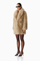 Brenna Faux Fur Coat in Beige with long sleeves & collar neckline side shot