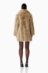 Brenna Faux Fur Coat in Beige with long sleeves & collar neckline back shot