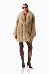 Brenna Faux Fur Coat in Beige with long sleeves & collar neckline posed shot