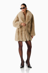 Brenna Faux Fur Coat in Beige with long sleeves & collar neckline posed front  shot