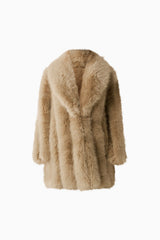Brenna Faux Fur Coat in Beige with long sleeves & collar neckline ghost shot