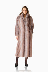 Kinley Faux Fur Coat in Brown with collared neckline and long sleeves posed shot