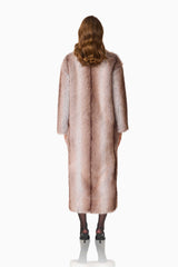 Kinley Faux Fur Coat in Brown with collared neckline and long sleeves back shot