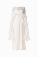 Ellie Cape Maxi Dress in White with a cape with floral trim detailing & column silhouette ghost shot