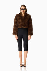 Melanie Cropped Faux Fur Jacket in Brown with collar neckline & long sleeves front shot