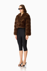 Melanie Cropped Faux Fur Jacket in Brown with collar neckline & long sleeves side shot