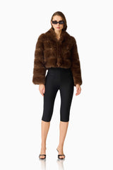 Melanie Cropped Faux Fur Jacket in Brown with collar neckline & long sleeves posed shot