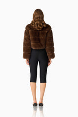 Melanie Cropped Faux Fur Jacket in Brown with collar neckline & long sleeves back shot