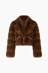 Melanie Cropped Faux Fur Jacket in Brown with collar neckline & long sleeves ghost shot