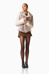 Sabrina Chevron Cropped Jacket in Brown & White with a collared neckline posed shot