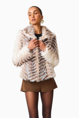 Sabrina Chevron Cropped Jacket in Brown & White with a collared neckline close up posed shot