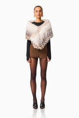 Sabrina Chevron Shawl in Brown & White with faux fur fabrication front shot