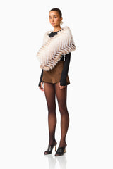 Sabrina Chevron Shawl in Brown & White with faux fur fabrication side shot