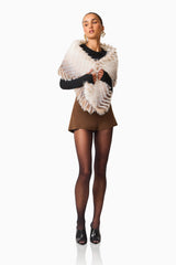 Sabrina Chevron Shawl in Brown & White with faux fur fabrication posed shot