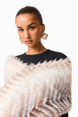 Sabrina Chevron Shawl in Brown & White with faux fur fabrication detail shot