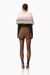 Sabrina Chevron Shawl in Brown & White with faux fur fabrication back shot