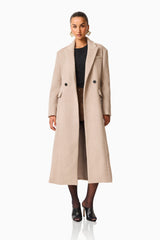 Paris Trench Coat in Beige with long sleeves & v-neckline posed front shot