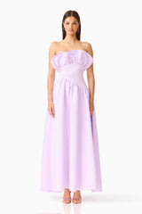 Brunette model wearing the Laurel Sleeveless Maxi Dress in Purple Satin front shot