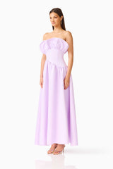 Brunette model wearing the Laurel Sleeveless Maxi Dress in Purple Satin side shot
