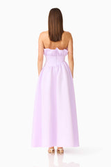 Brunette model wearing the Laurel Sleeveless Maxi Dress in Purple Satin back shot