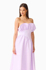 Brunette model wearing the Laurel Sleeveless Maxi Dress in Purple Satin close up shot