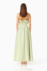 Brunette model wearing the Laurel Sleeveless Maxi Dress in Sage Green back shot 