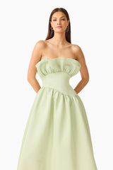 Brunette model wearing the Laurel Sleeveless Maxi Dress in Sage Green close up shot 