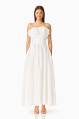 Brunette model wearing the Laurel Sleeveless Maxi Dress in Pearl White front shot