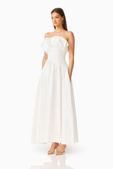 Brunette model wearing the Laurel Sleeveless Maxi Dress in Pearl White side shot 