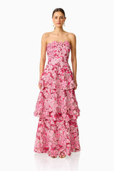 Roseate Tiered Maxi Dress in Pink with tiered skirt and applique flowers front shot