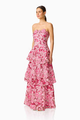 Roseate Tiered Maxi Dress in Pink with tiered skirt and applique flowers side shot