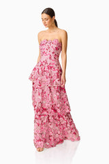 Roseate Tiered Maxi Dress in Pink with tiered skirt and applique flowers posed shot