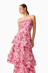 Roseate Tiered Maxi Dress in Pink with tiered skirt and applique flowers close up shot