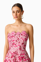 Roseate Tiered Maxi Dress in Pink with tiered skirt and applique flowers detail shot