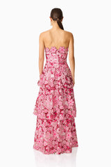 Roseate Tiered Maxi Dress in Pink with tiered skirt and back zipper back shot