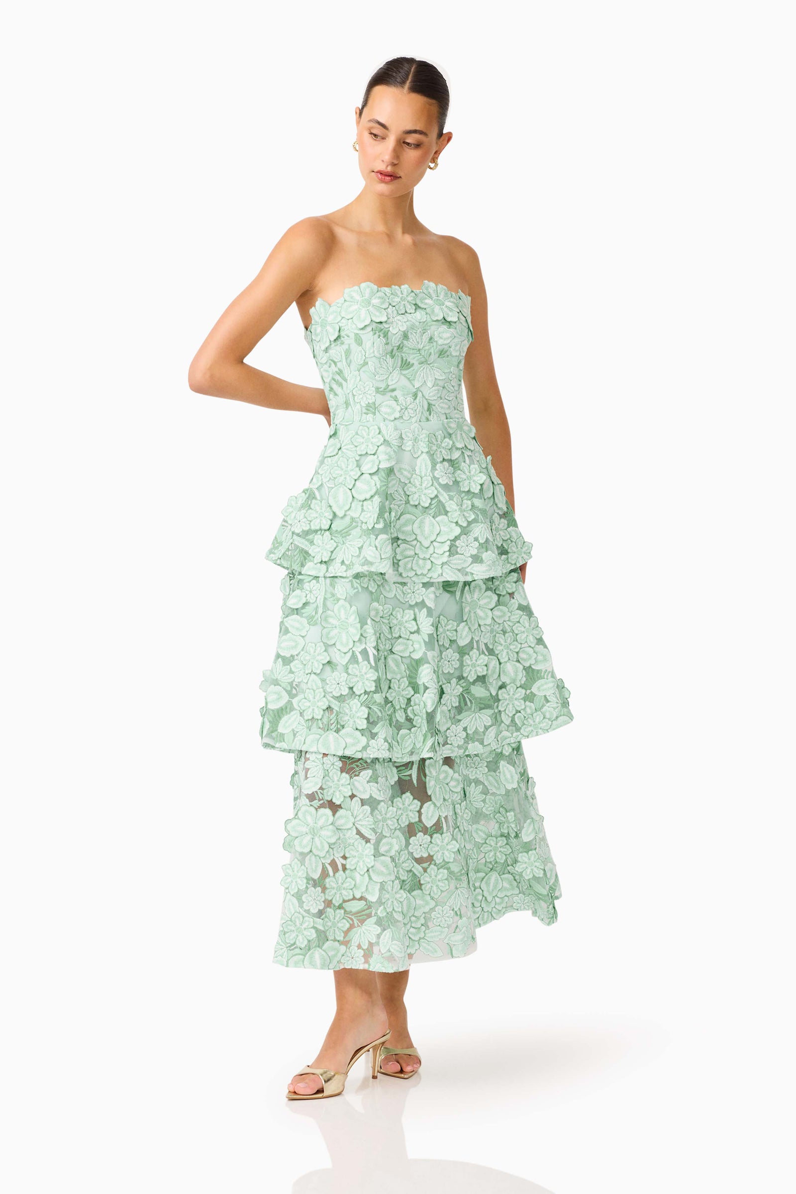 elliatt green dress Roseate Tiered Maxi - Mint - XXL Color:Mint/White Karl Lagerfeld Paris Womens creating a flattering and romantic white dress