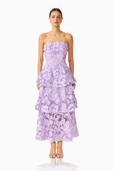 Roseate Tiered Maxi Dress in Purple with tiered skirt and floral appliques front shot