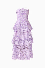 Roseate Tiered Maxi Dress in Purple with tiered skirt and floral appliques ghost shot