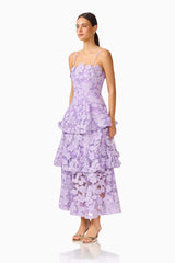 Roseate Tiered Maxi Dress in Purple with tiered skirt and floral appliques side shot