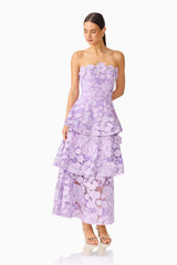 Roseate Tiered Maxi Dress in Purple with tiered skirt and floral appliques posed shot