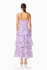 Roseate Tiered Maxi Dress in Purple with tiered skirt and zipper back back shot
